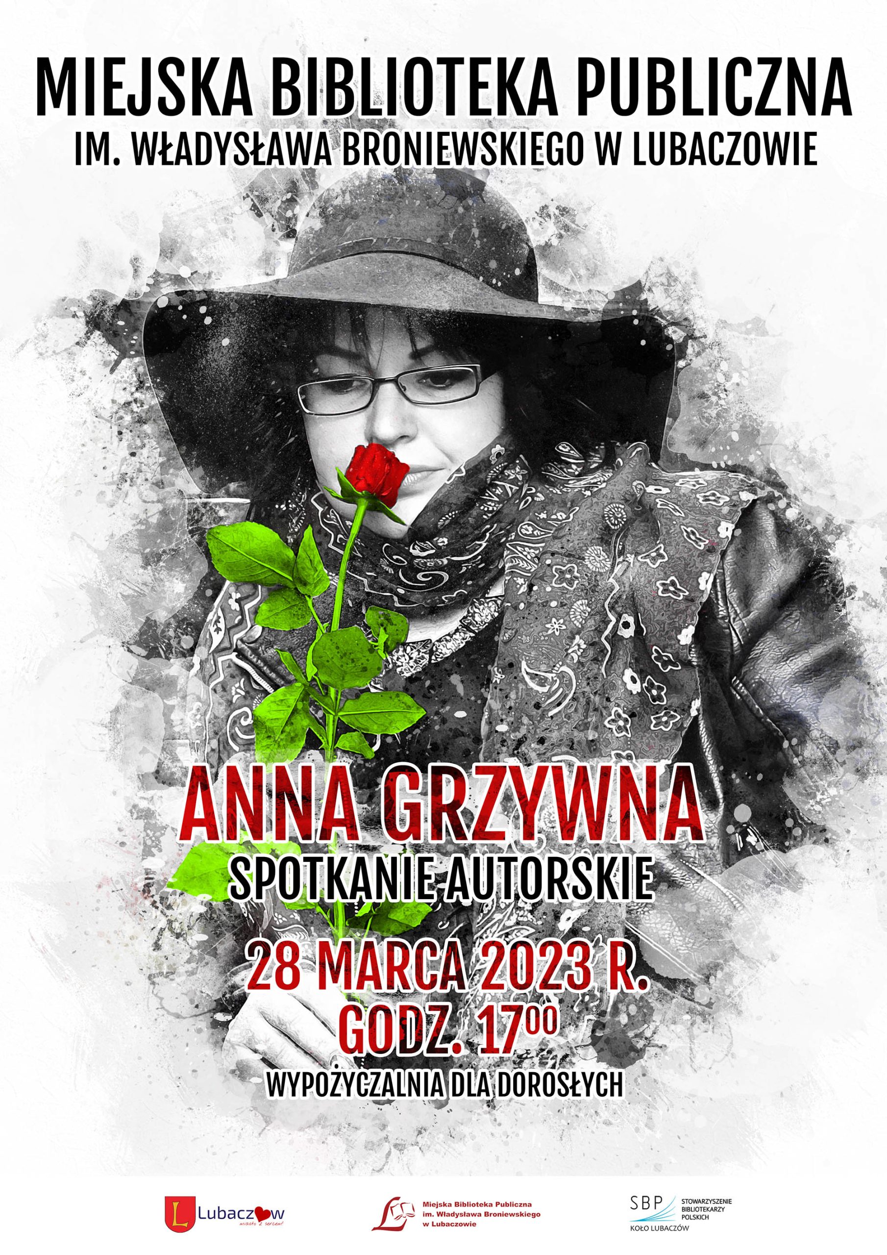 Spotkanie autorskie z Anną Grzywną - plakat promujący wydarzenie, które odbędzie się 28 marca 2023 r., godz. 17:00 w Wypożyczalni dla Dorosłych MBP w Lubaczowie